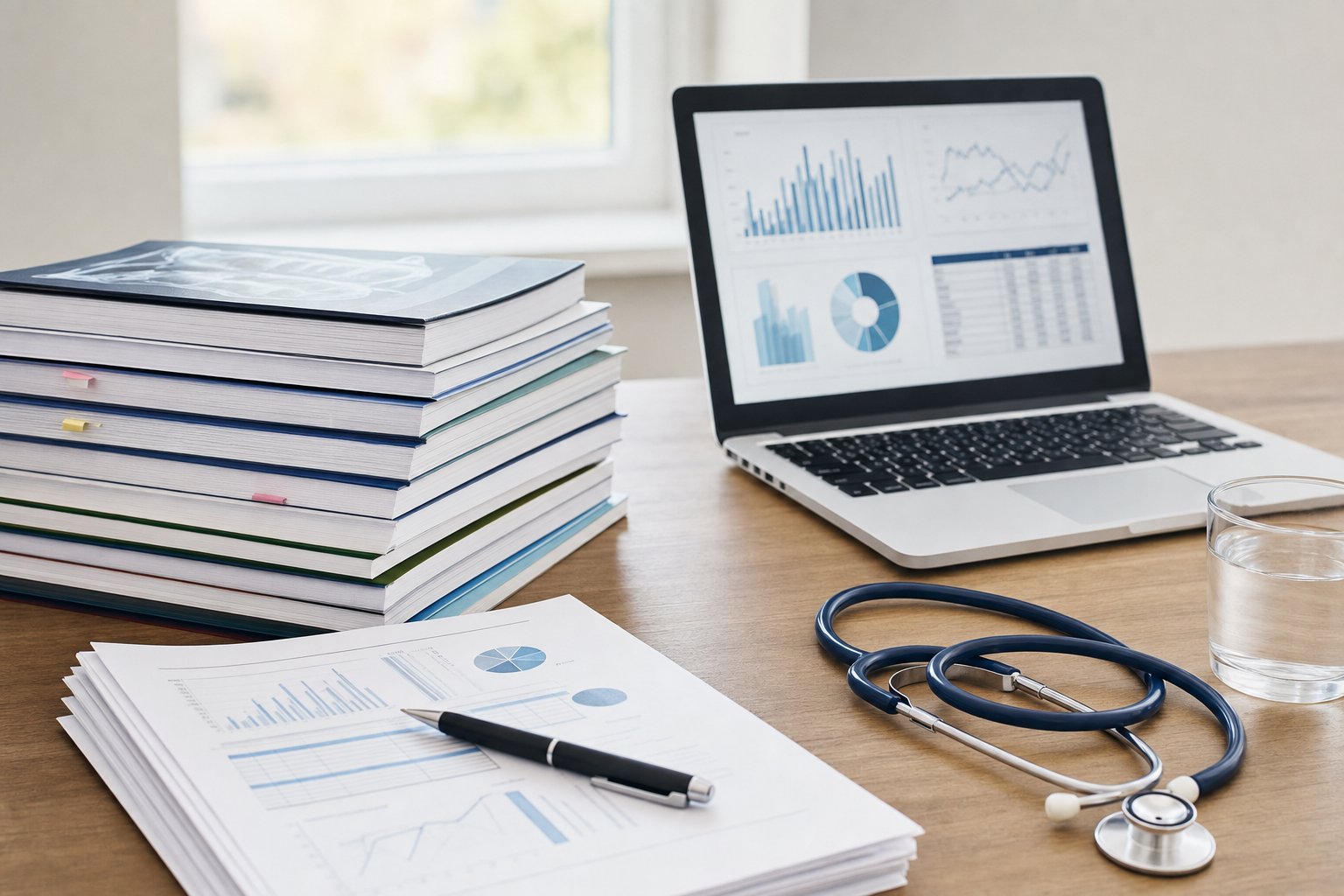 Clinical research papers and a microscope representing the evidence digest