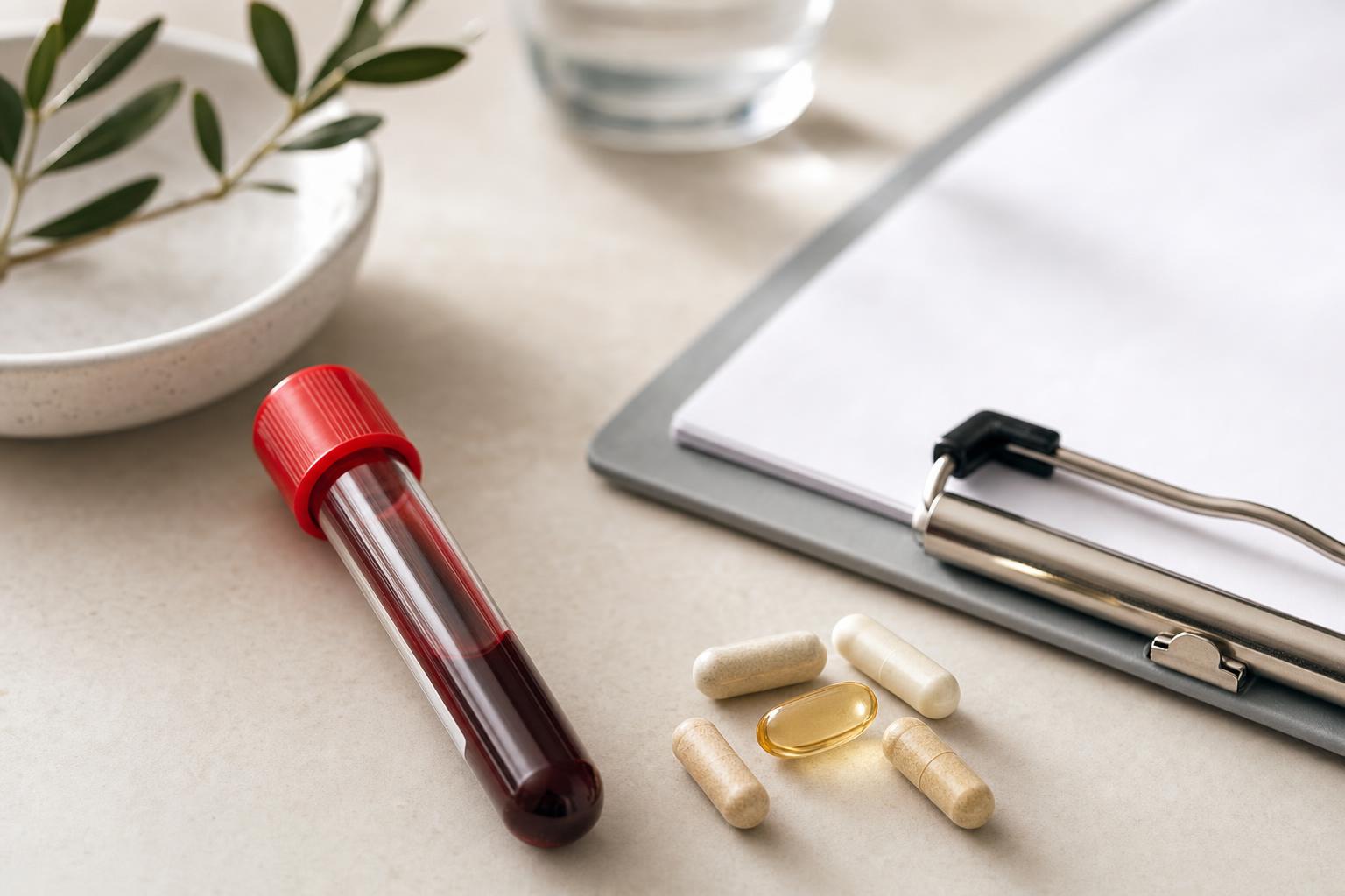 Blood test tube and supplement capsules — checking nutrient levels relevant to ADHD