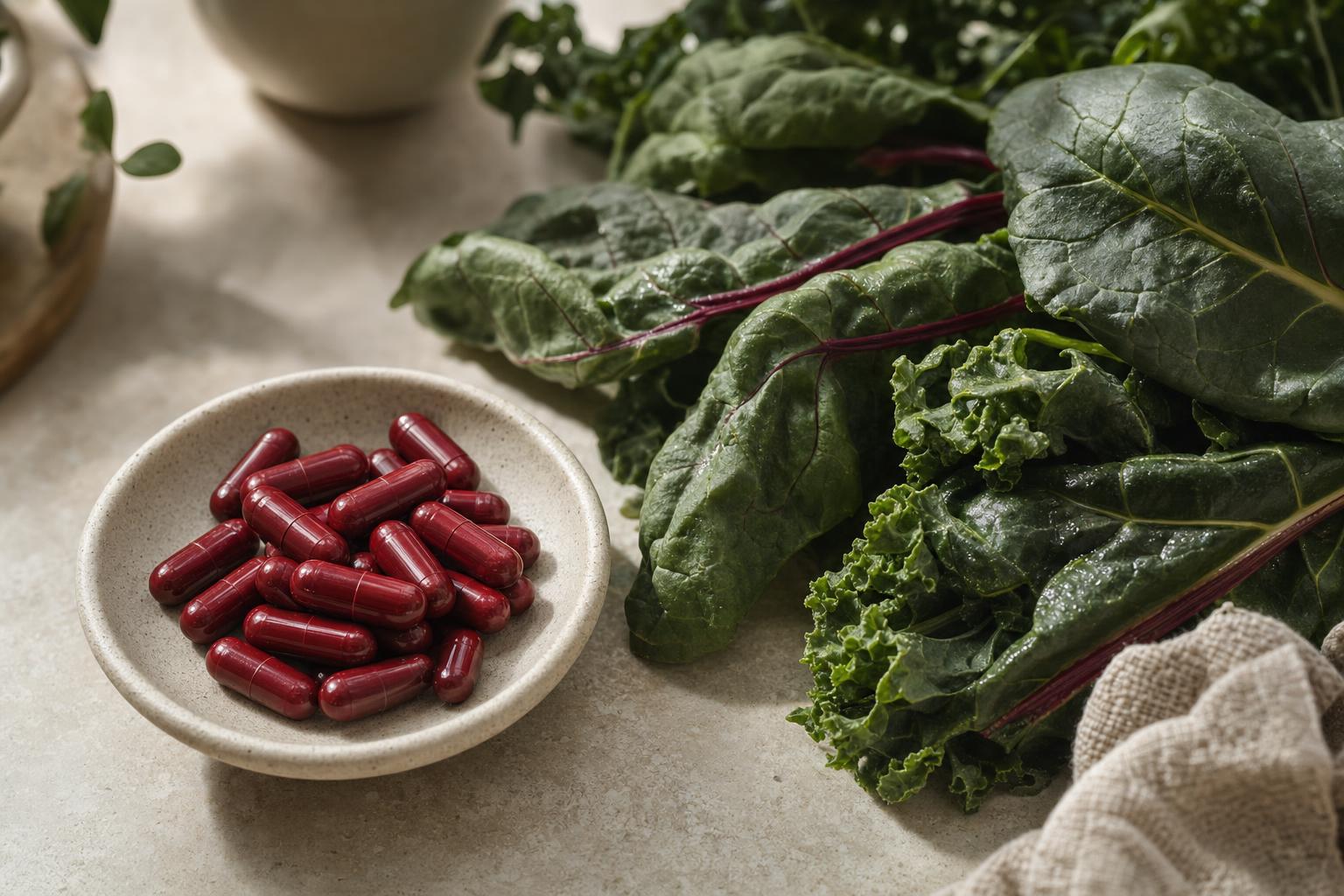 Iron supplement capsules with iron-rich leafy greens, relevant to ferritin and ADHD