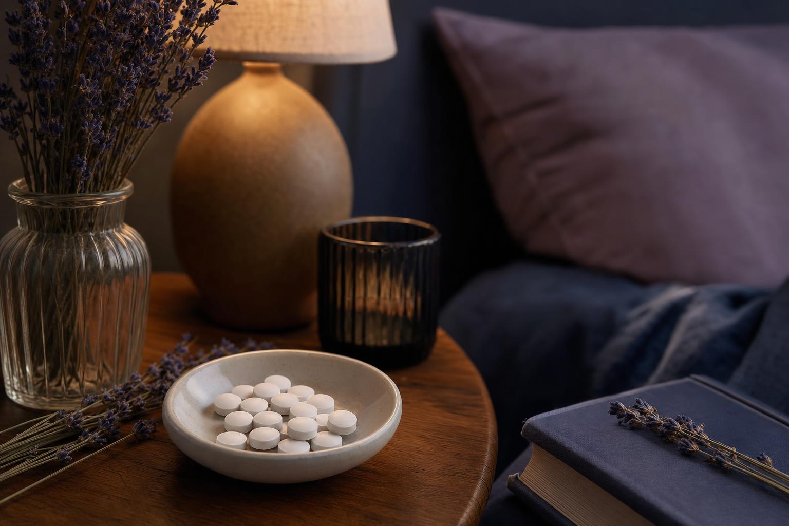 Melatonin tablets on a calm bedside setting used for ADHD-related sleep problems