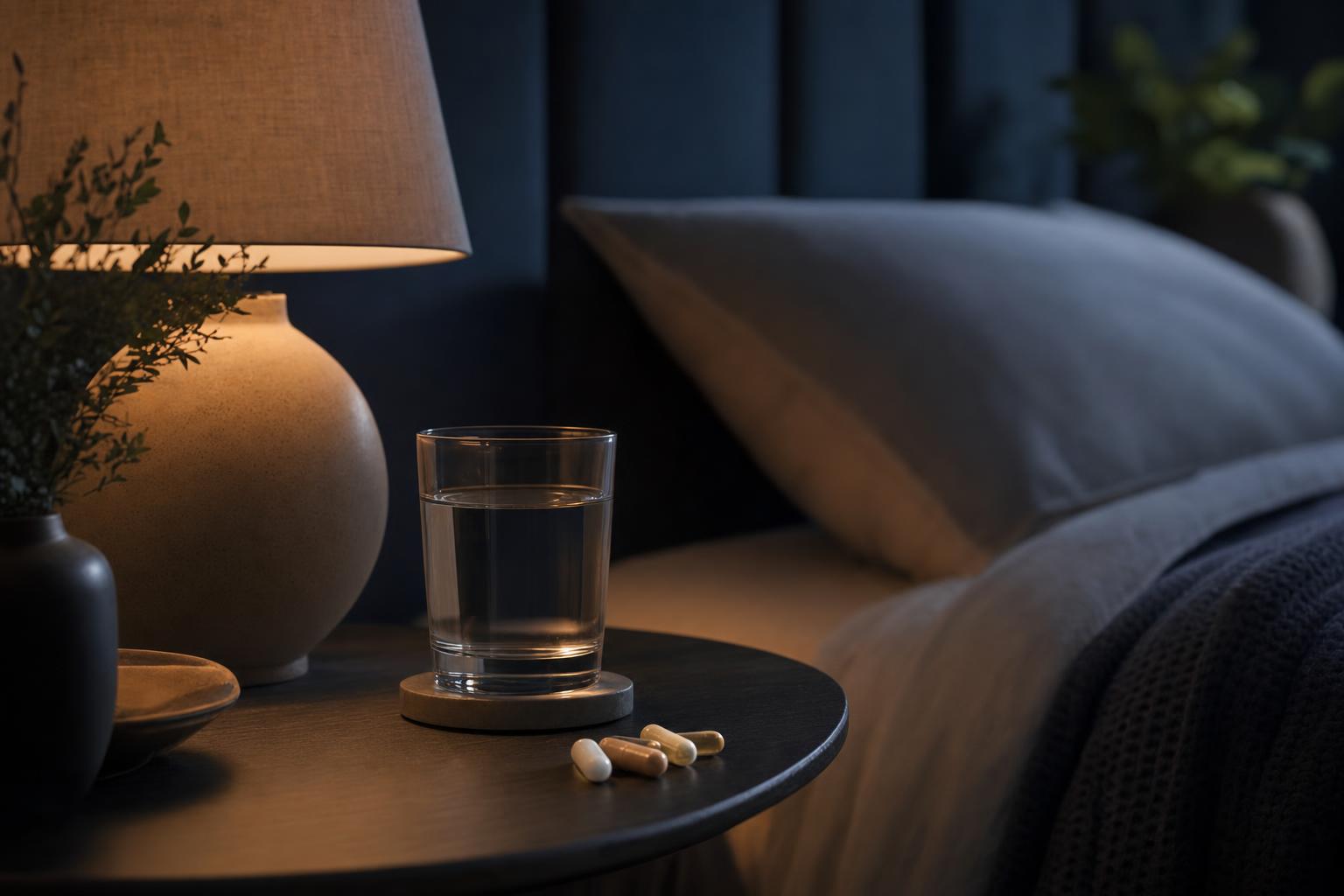 A calm bedroom nightstand with water and supplements — sleep and ADHD