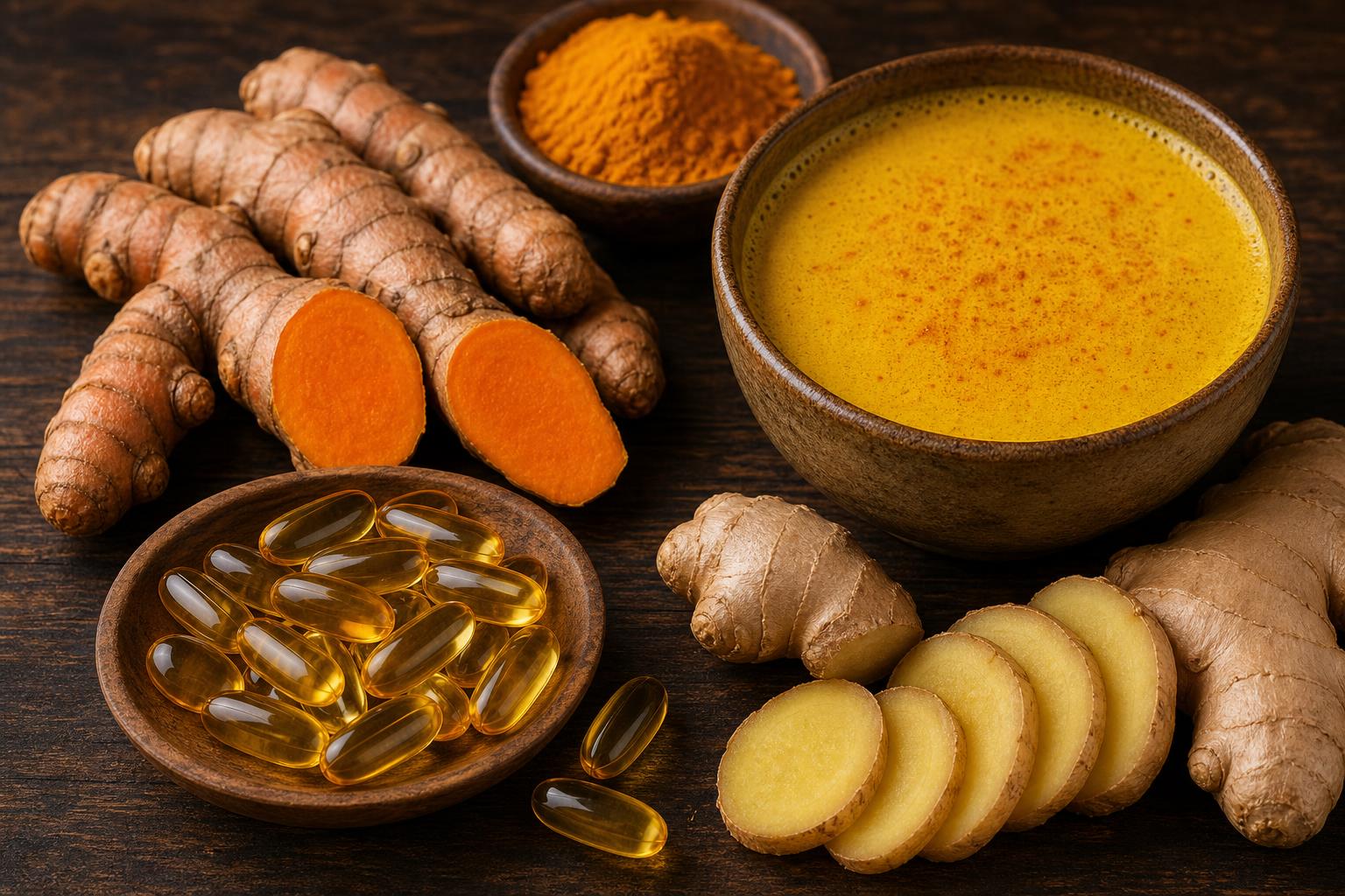 Turmeric root, omega-3 capsules, and ginger — anti-inflammatory supplements