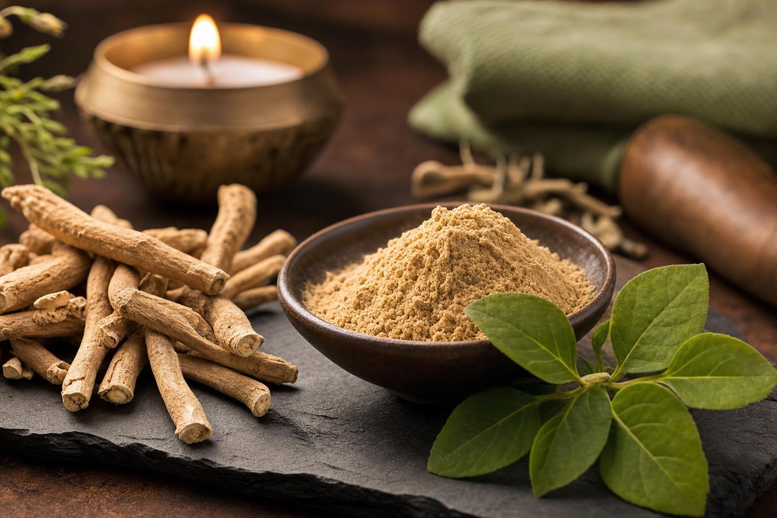 Dried ashwagandha roots, leaves, and golden powder — an adaptogen used to reduce stress and anxiety