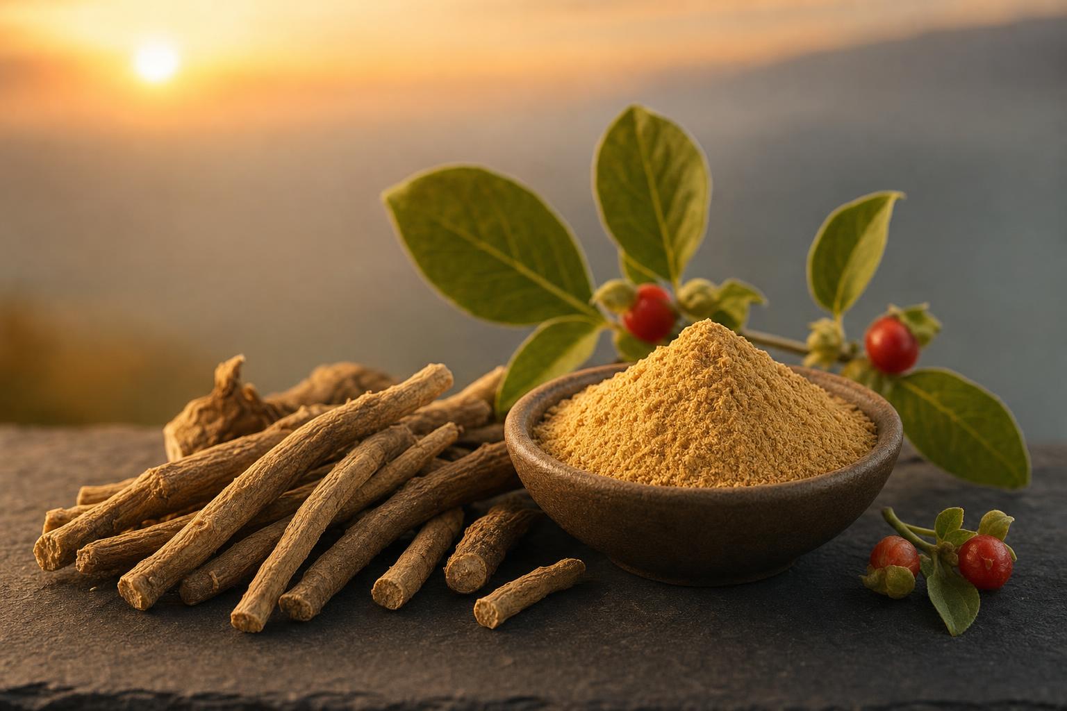 Dried ashwagandha (Withania somnifera) roots, leaves, and golden ashwagandha powder used as a natural sleep and stress supplement