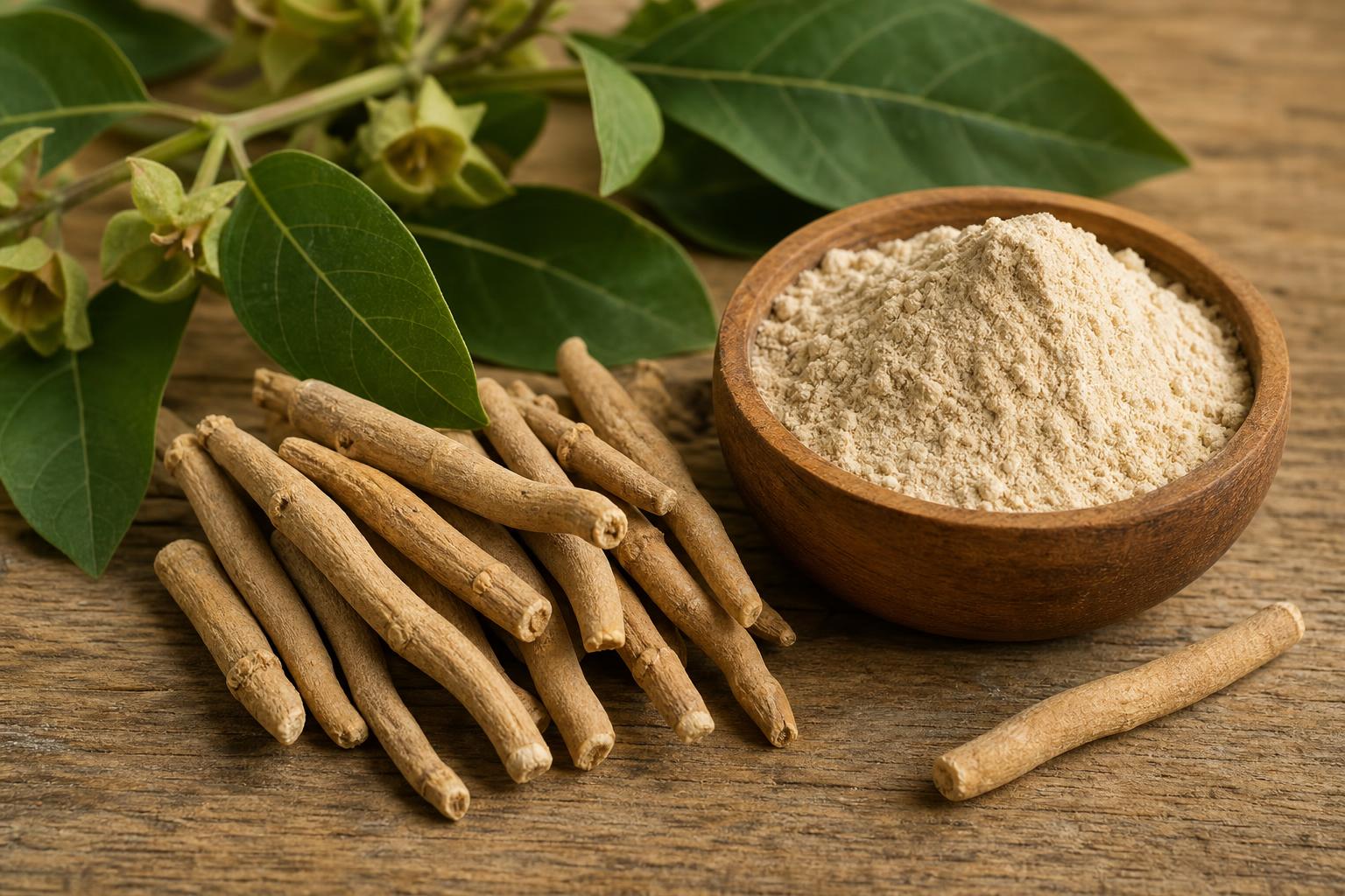 Whole ashwagandha (Withania somnifera) roots, leaves, red berries, and golden root powder