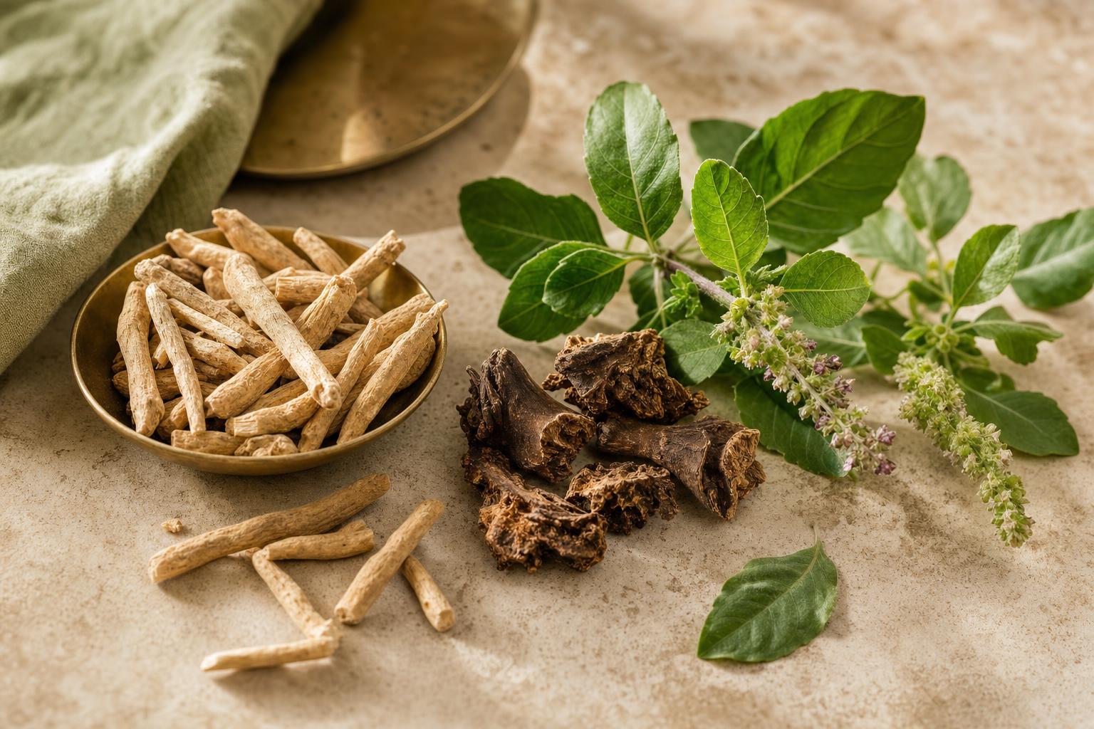 Adaptogens for stress including ashwagandha, rhodiola, and holy basil