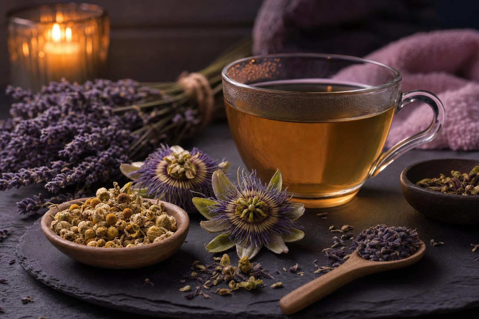 Calming nighttime herbs — lavender, chamomile, passionflower — with herbal tea