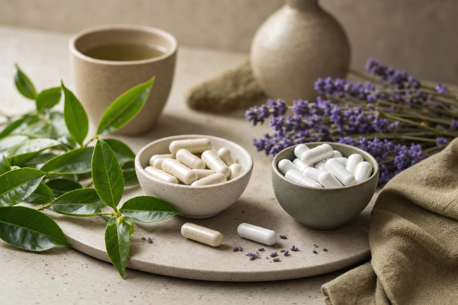L-theanine and magnesium supplements with green tea and lavender for racing thoughts