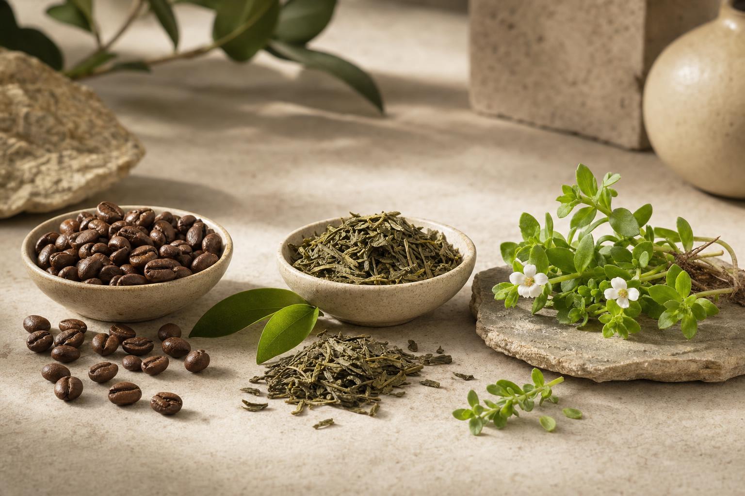 Coffee beans, green tea leaves, and bacopa herb compared for focus