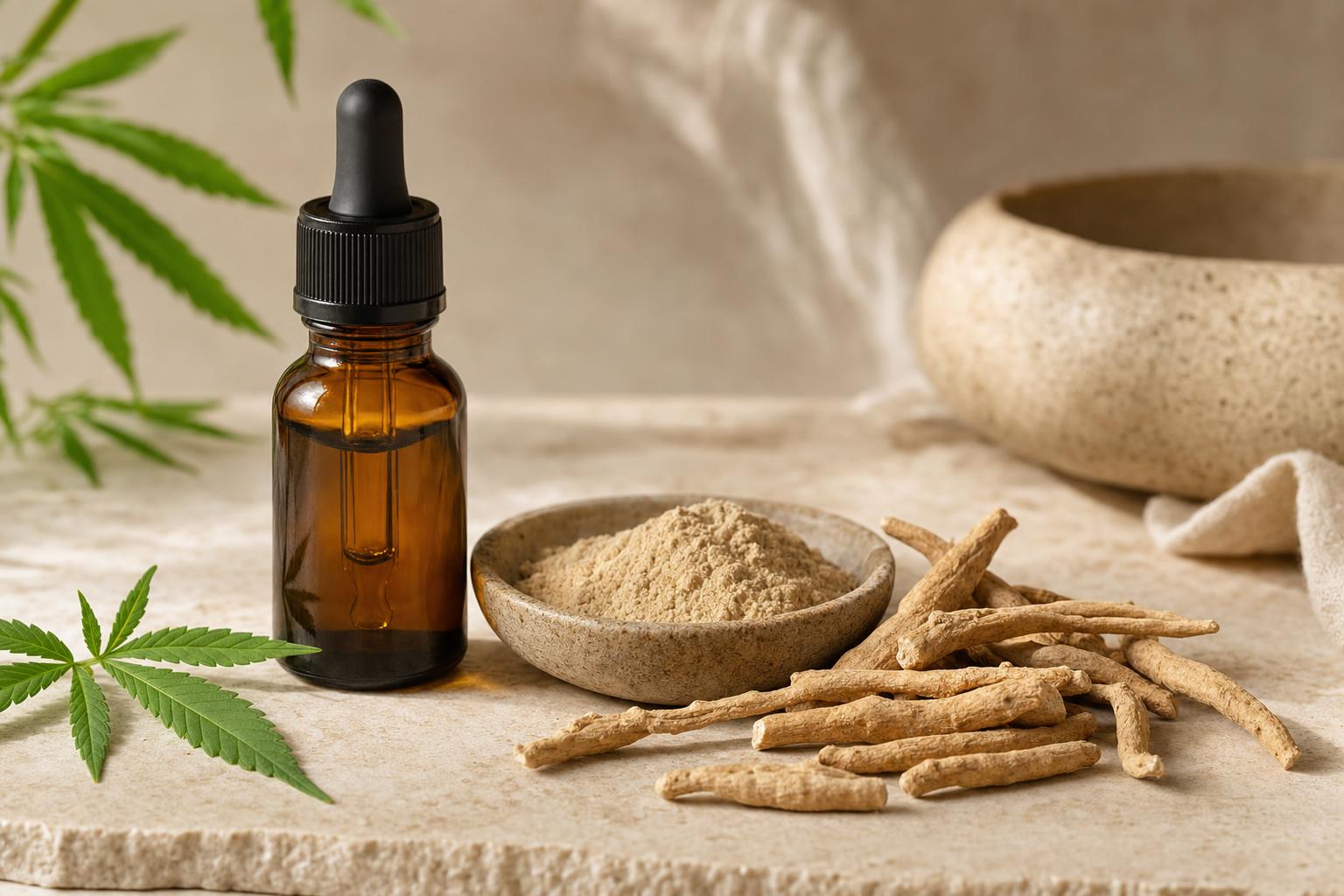 A CBD oil tincture beside ashwagandha root and powder, compared for anxiety