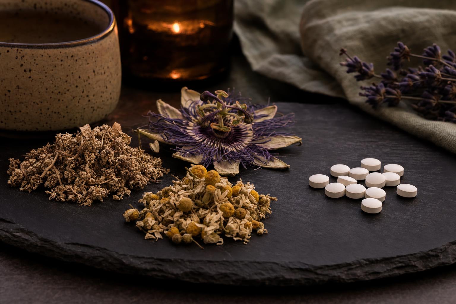 Valerian, passionflower, and chamomile herbs beside melatonin tablets