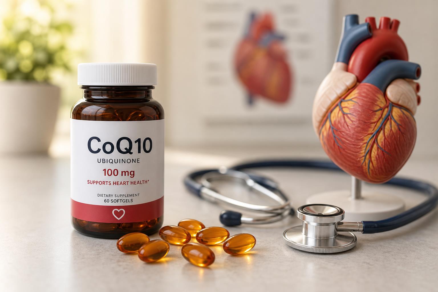 CoQ10 softgels beside heart health concept