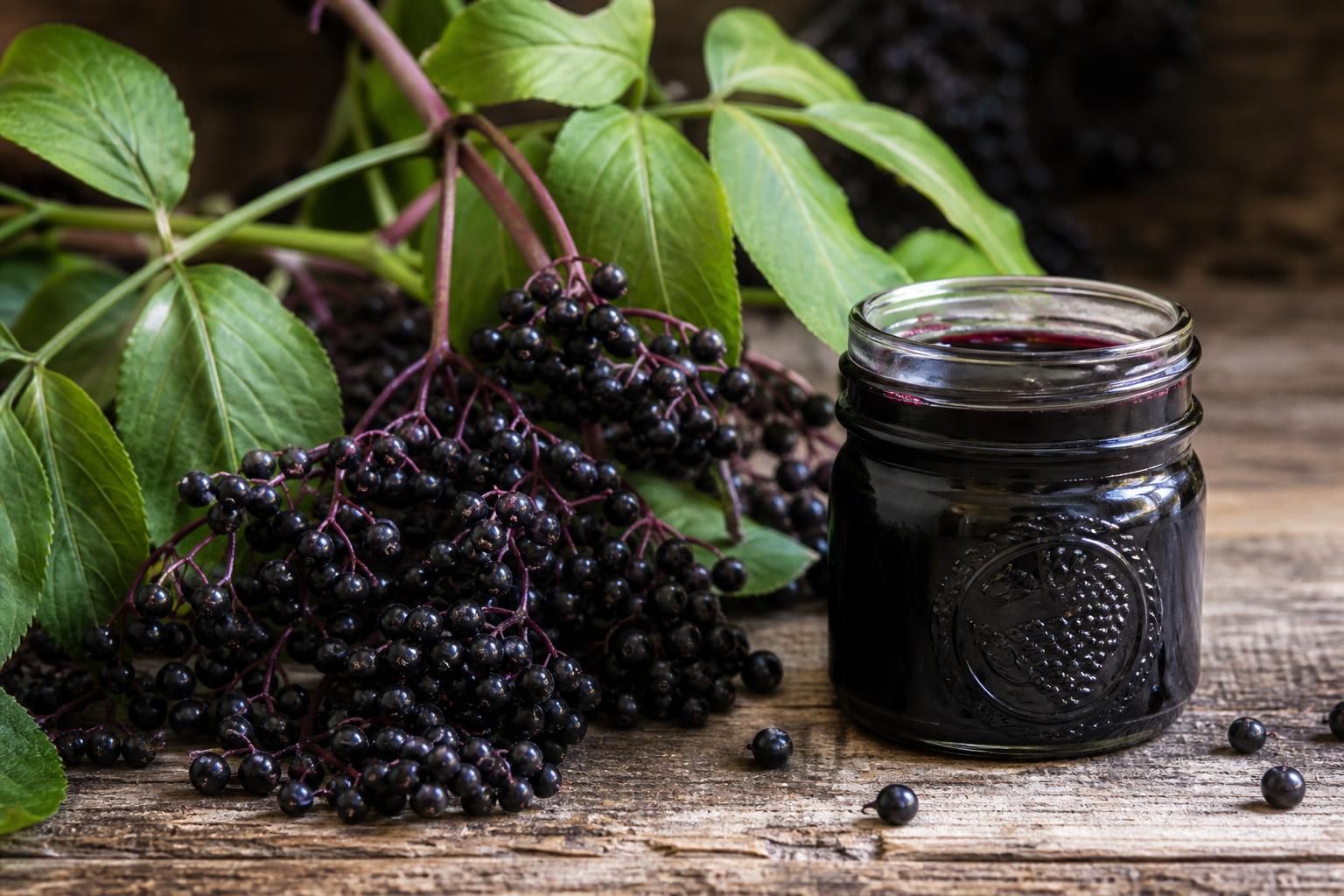 Dark purple elderberries with leaves and a jar of elderberry syrup