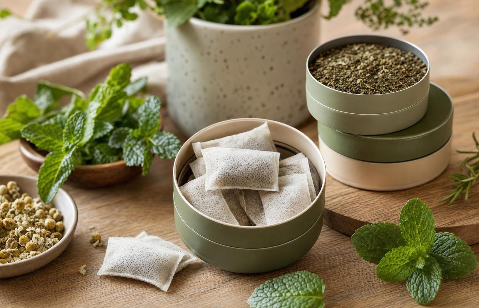 Herbal non-tobacco dipping pouches with mint and herbs