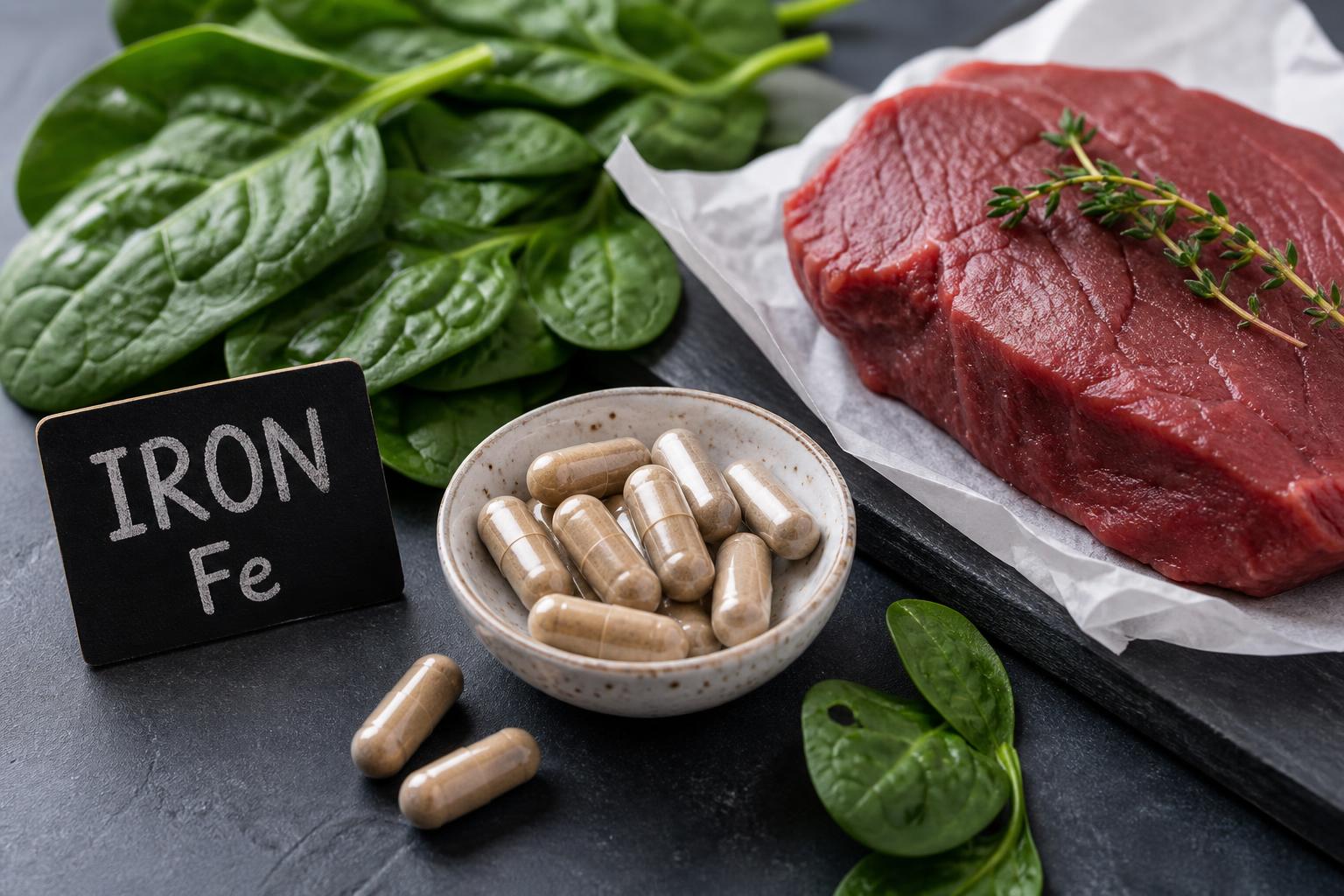 Iron capsules beside spinach and red meat