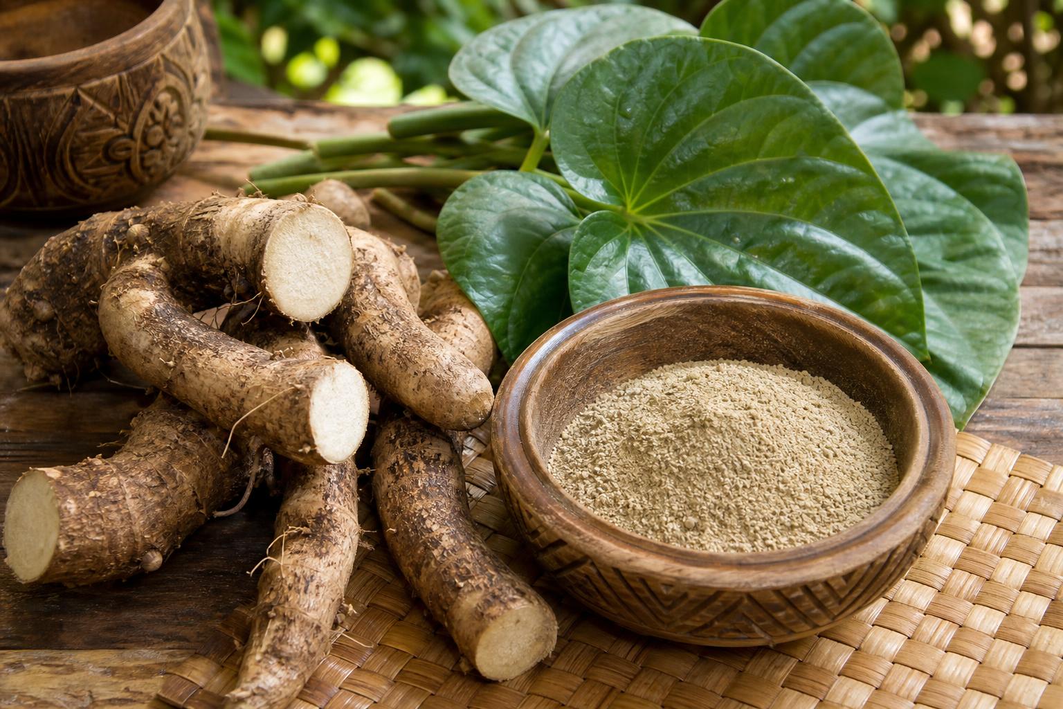 Dried kava (Piper methysticum) root, kava powder, and a traditional serving cup