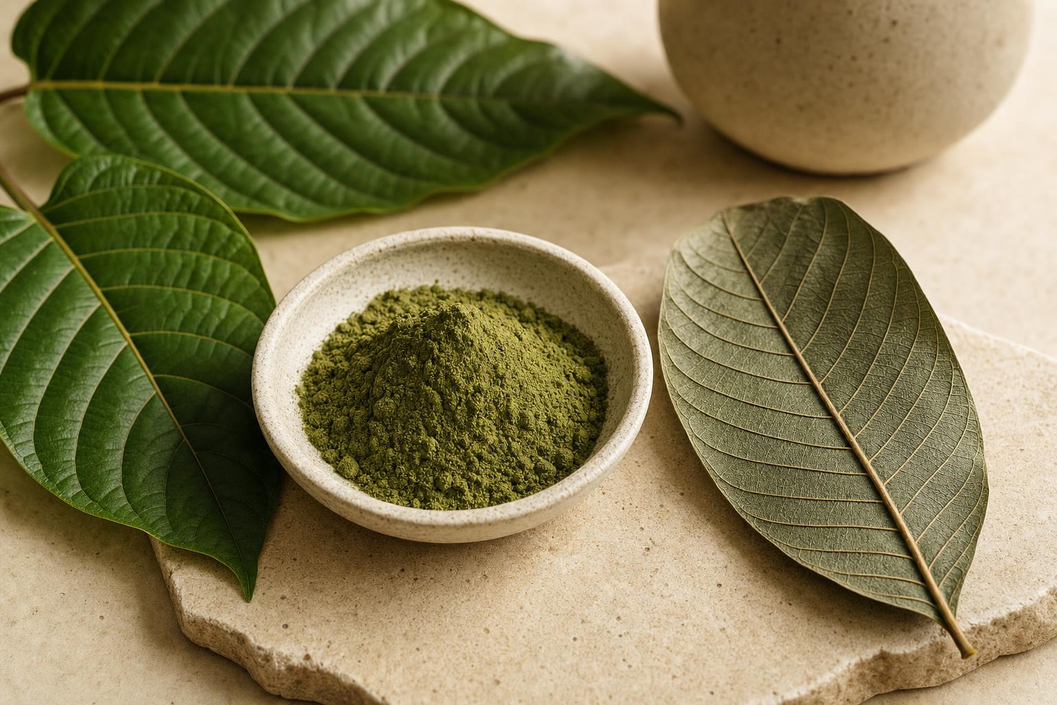 Green kratom leaf powder and a dried kratom leaf