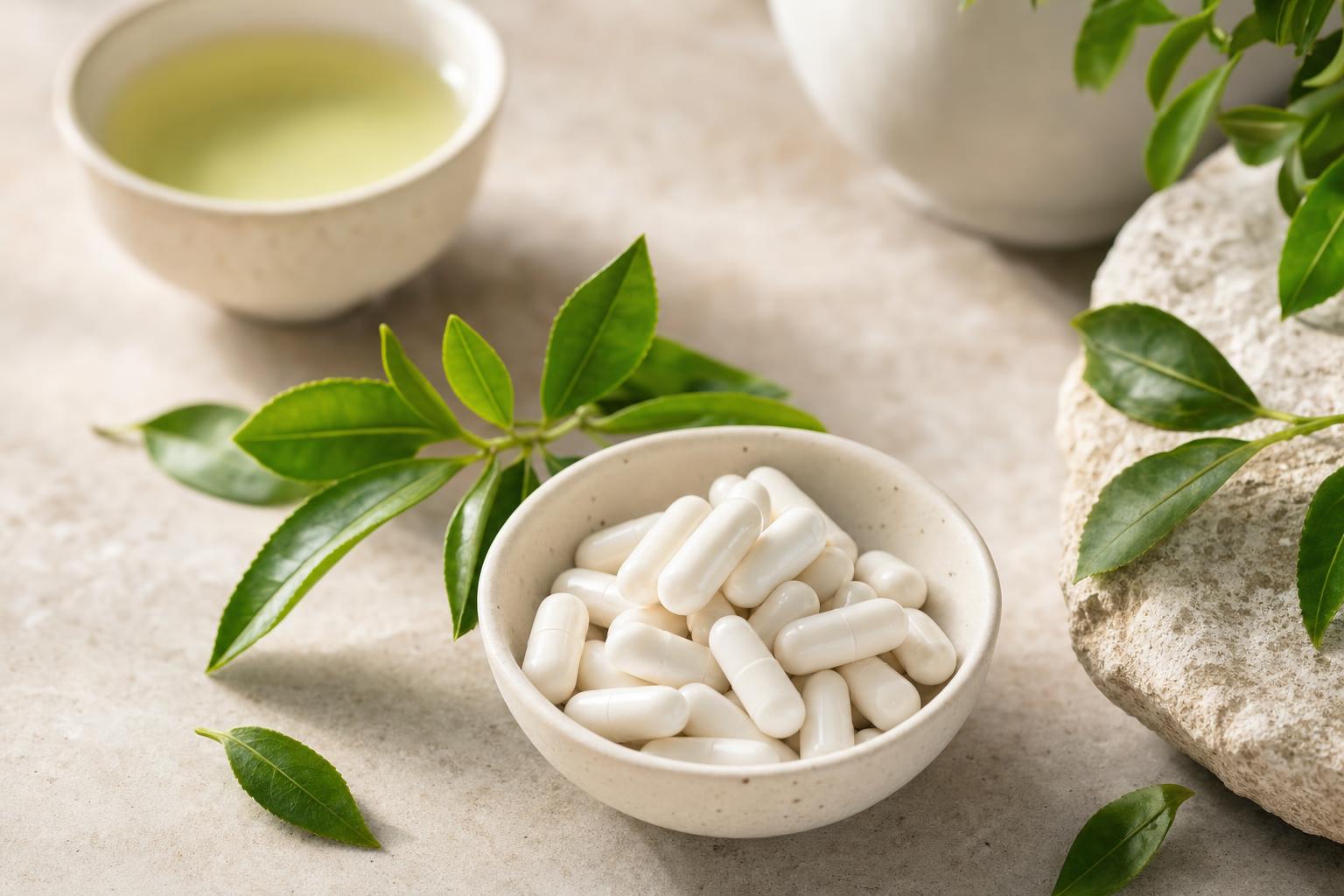 Caffeine-free L-theanine capsules with green tea leaves for calm focus