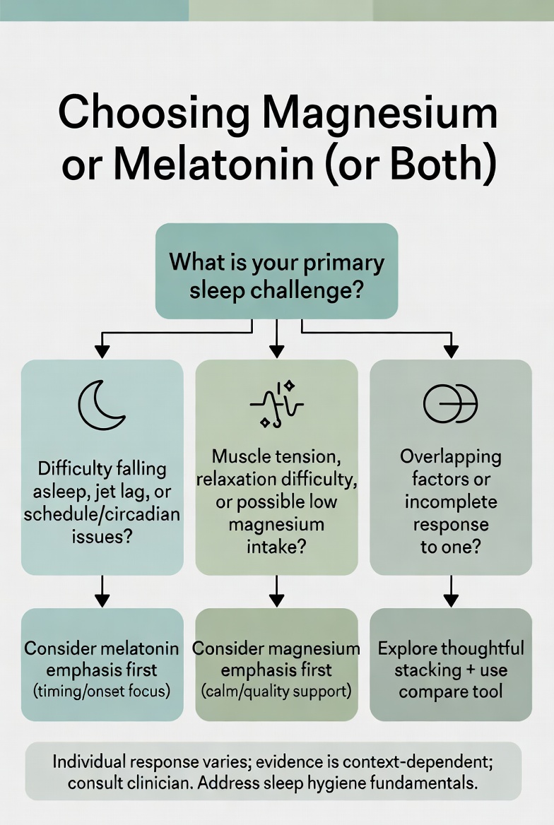 Decision flowchart for choosing magnesium vs melatonin