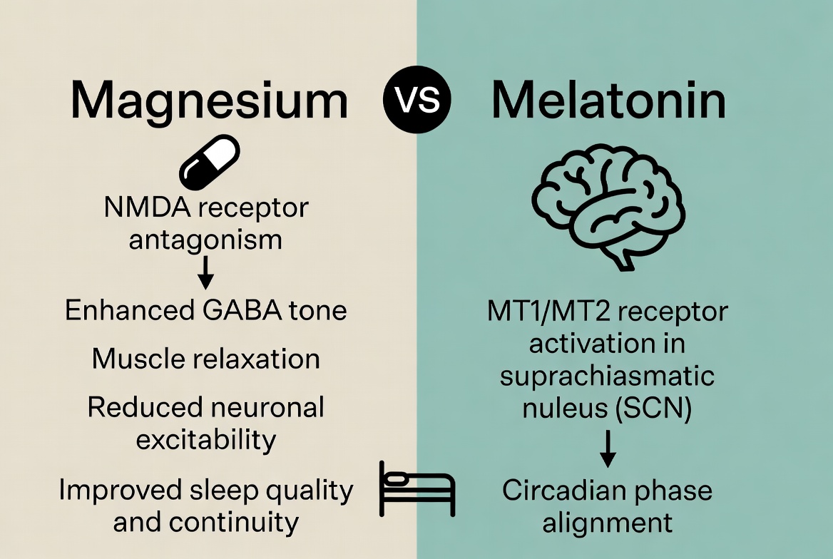 Diagram comparing magnesium and melatonin mechanisms for sleep support