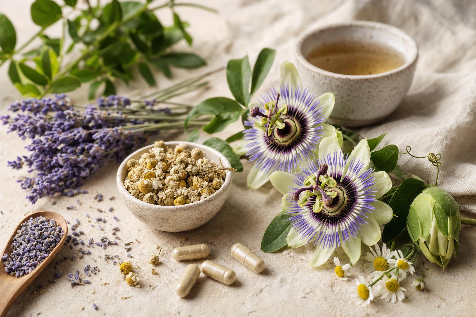 Calming herbs including lavender, chamomile, and passionflower with supplements for natural anxiety relief