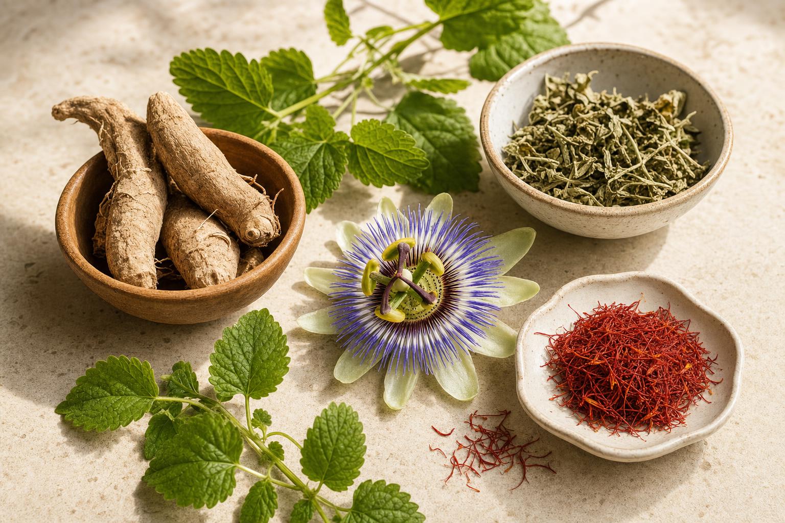 Natural anxiolytic herbs beyond ashwagandha — kava, lemon balm, passionflower, saffron