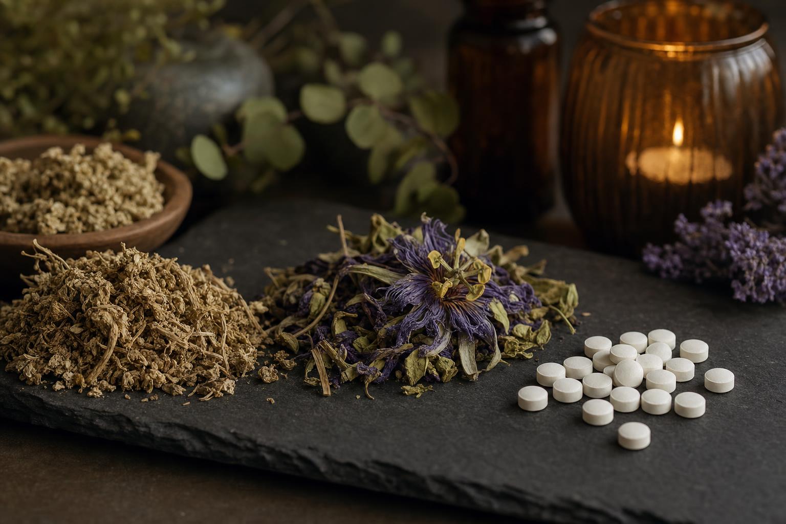 Sleep herbs like valerian and passionflower next to melatonin tablets