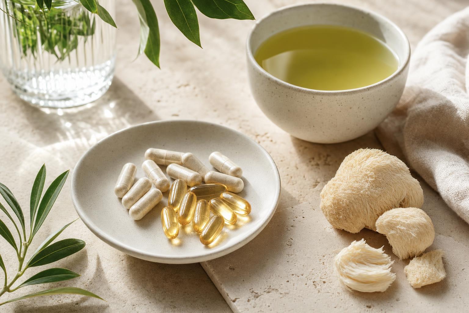 Nootropic and B-vitamin supplements with green tea and lion's mane for brain fog and fatigue