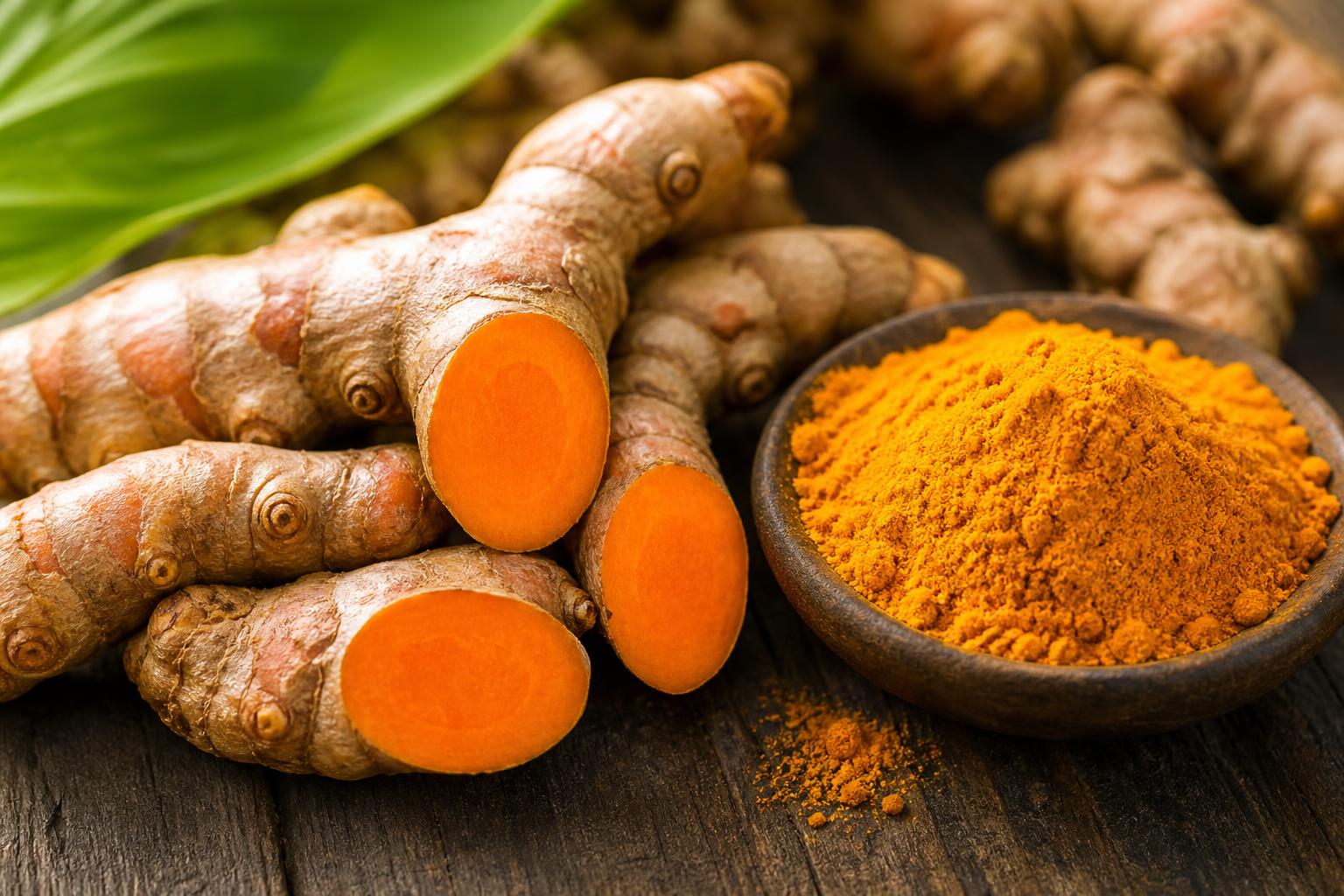 Fresh turmeric root and golden turmeric powder, the source of the active compound curcumin