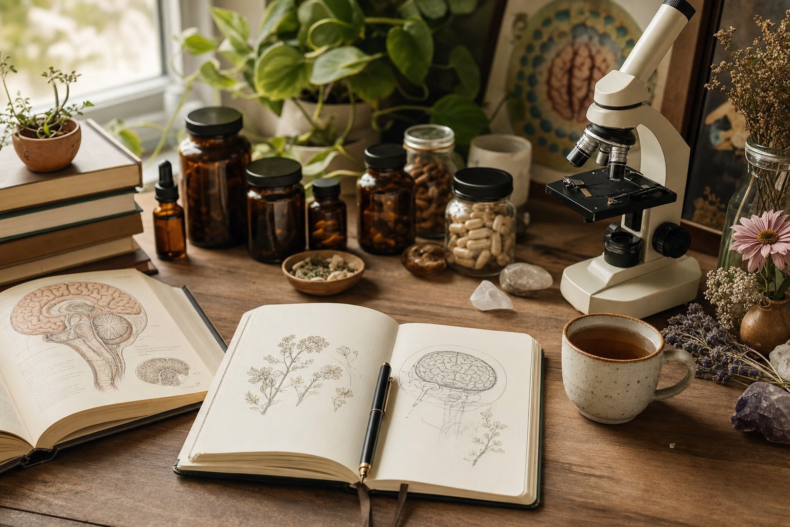 Brain and neurotransmitter illustration representing neuroscience education
