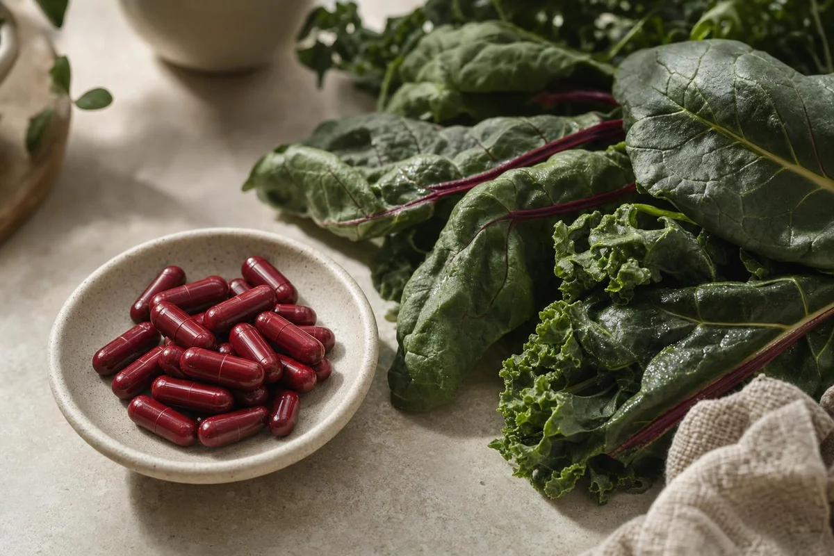 Iron supplement capsules with iron-rich leafy greens, relevant to ferritin and ADHD