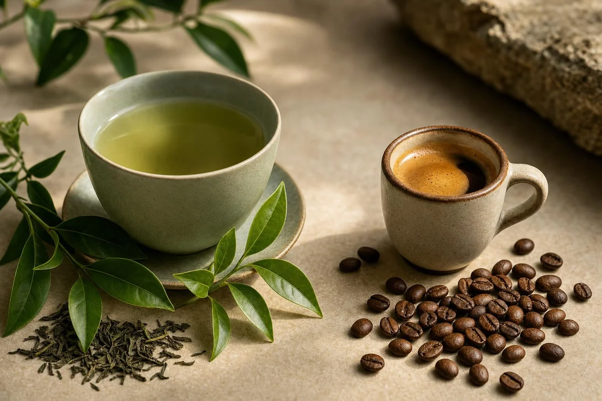 Green tea and coffee side by side — comparing L-theanine and caffeine for focus