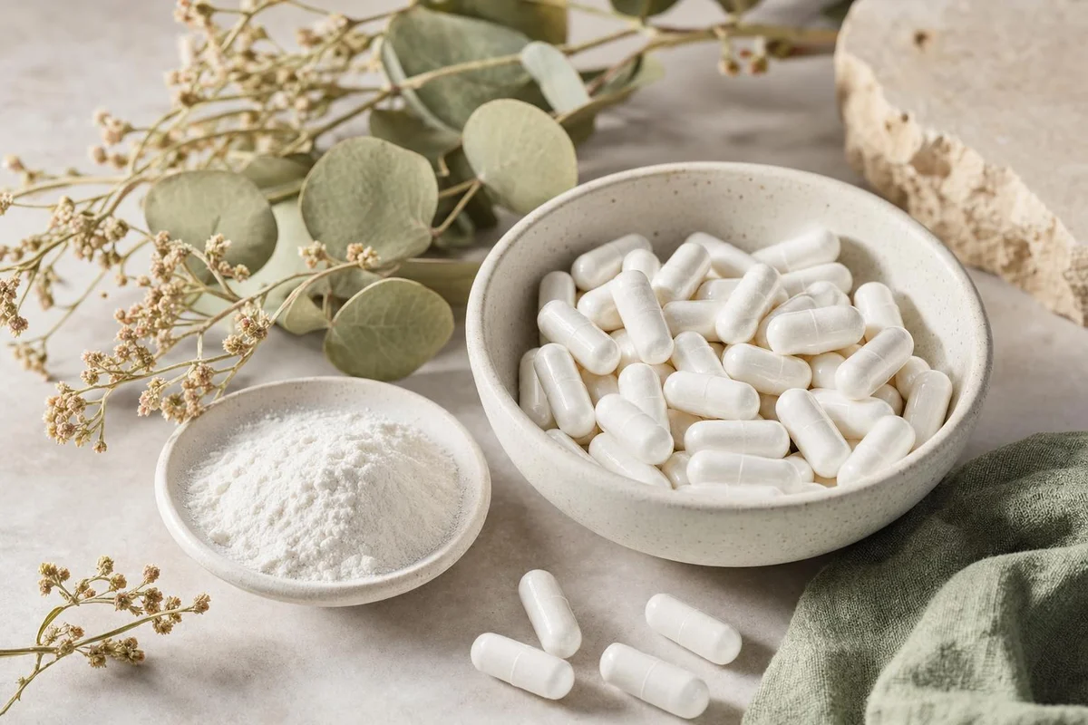 Magnesium glycinate capsules and powder used for calm and focus in ADHD