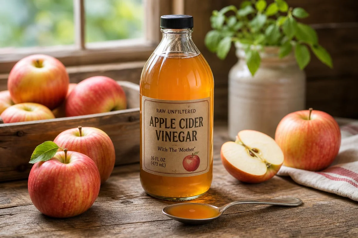 Apple cider vinegar bottle beside fresh apples on wood