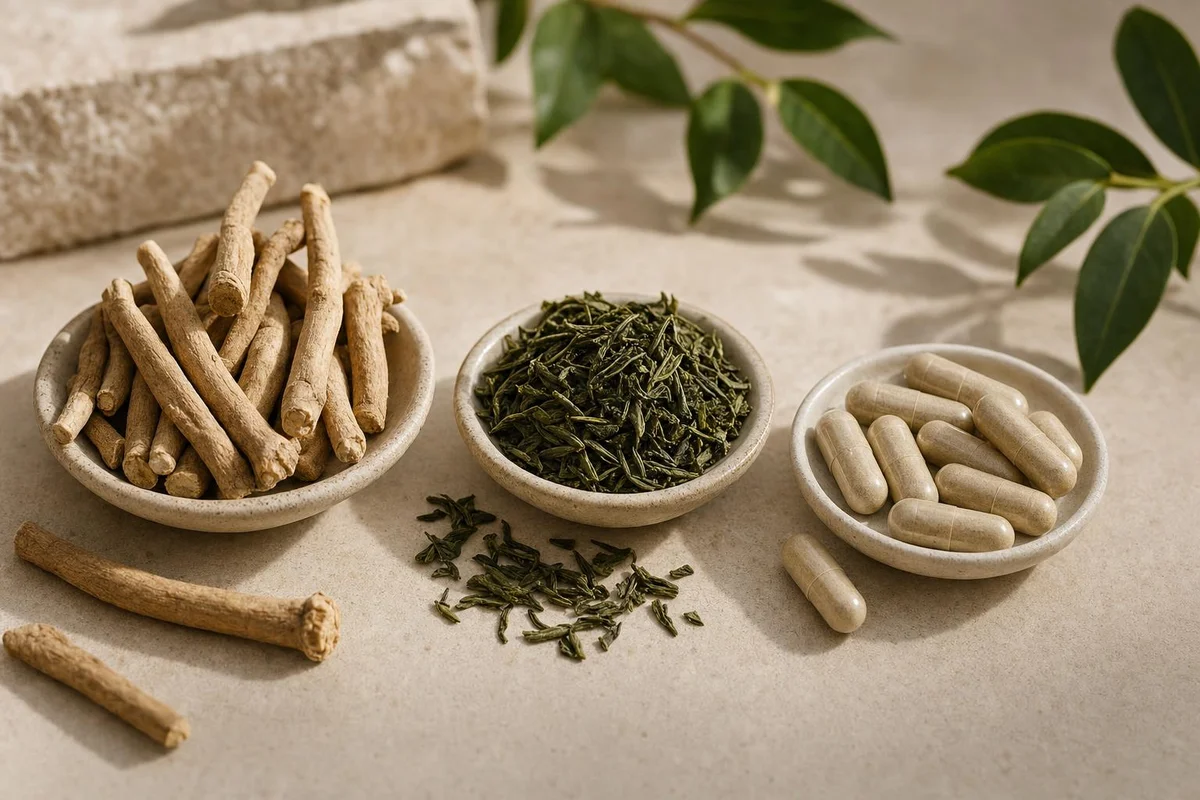 Ashwagandha root, green tea (L-theanine), and magnesium capsules compared