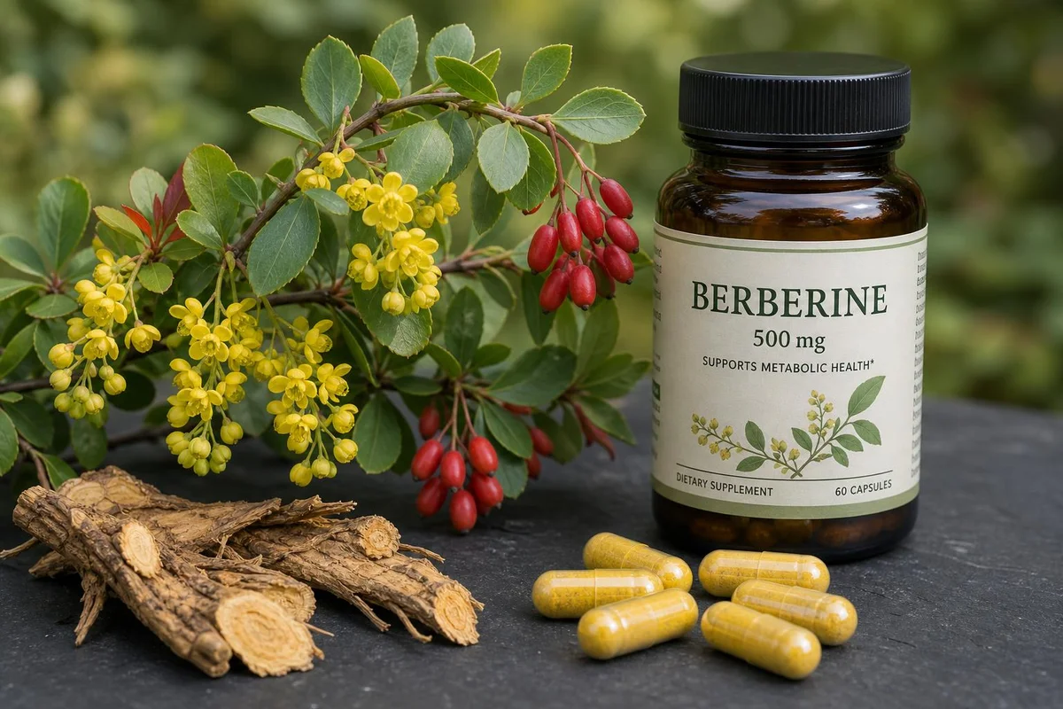 Berberine capsules beside a berberis plant with yellow flowers