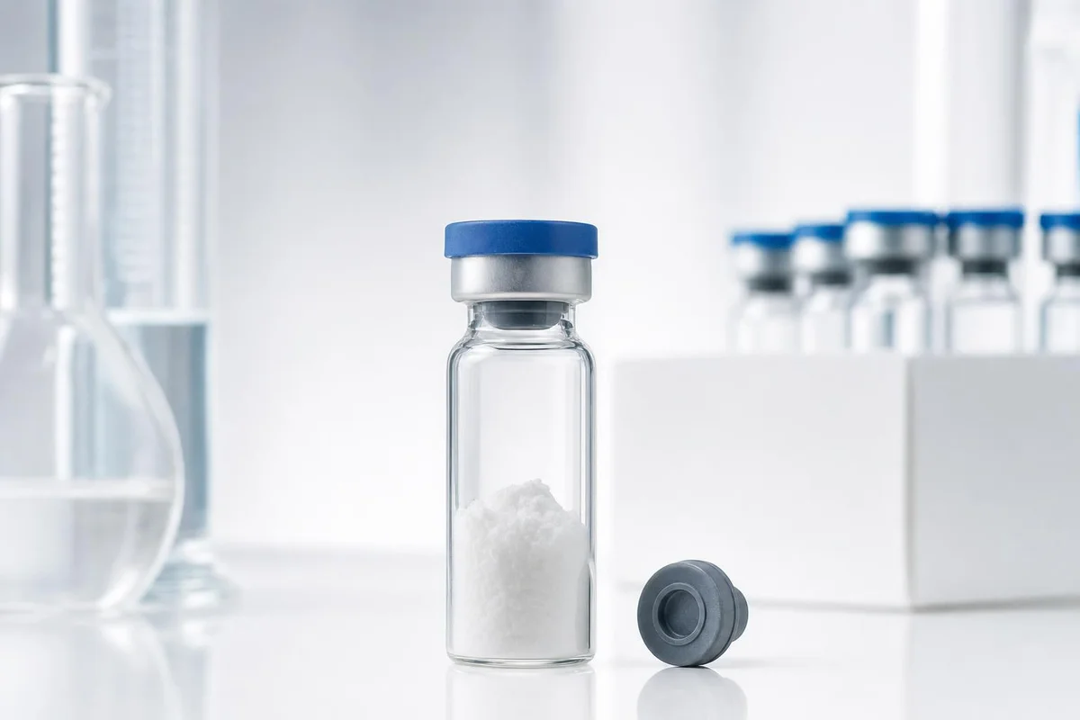 A glass vial of lyophilized research peptide powder in a lab setting