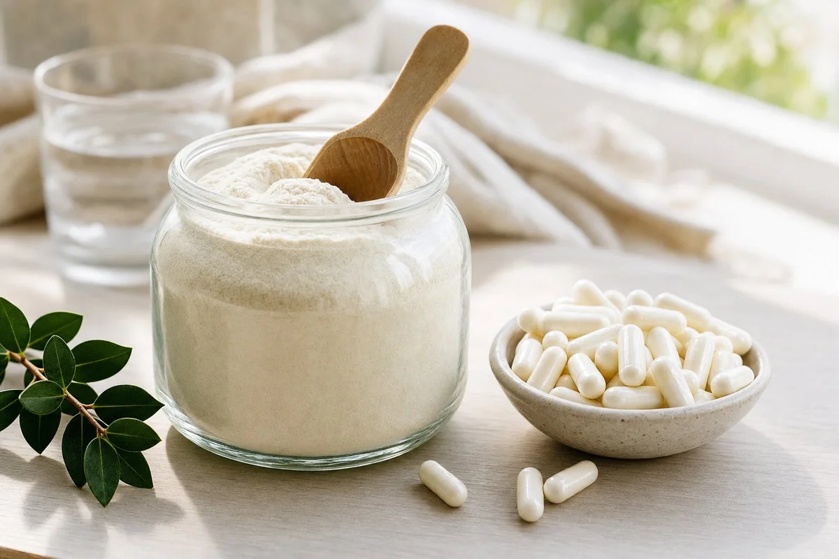Collagen peptide powder beside an evidence review