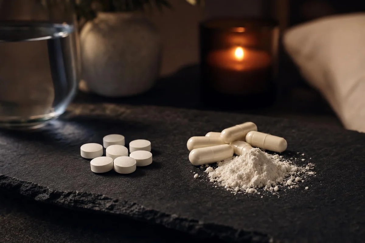 Melatonin tablets beside magnesium capsules and powder for sleep