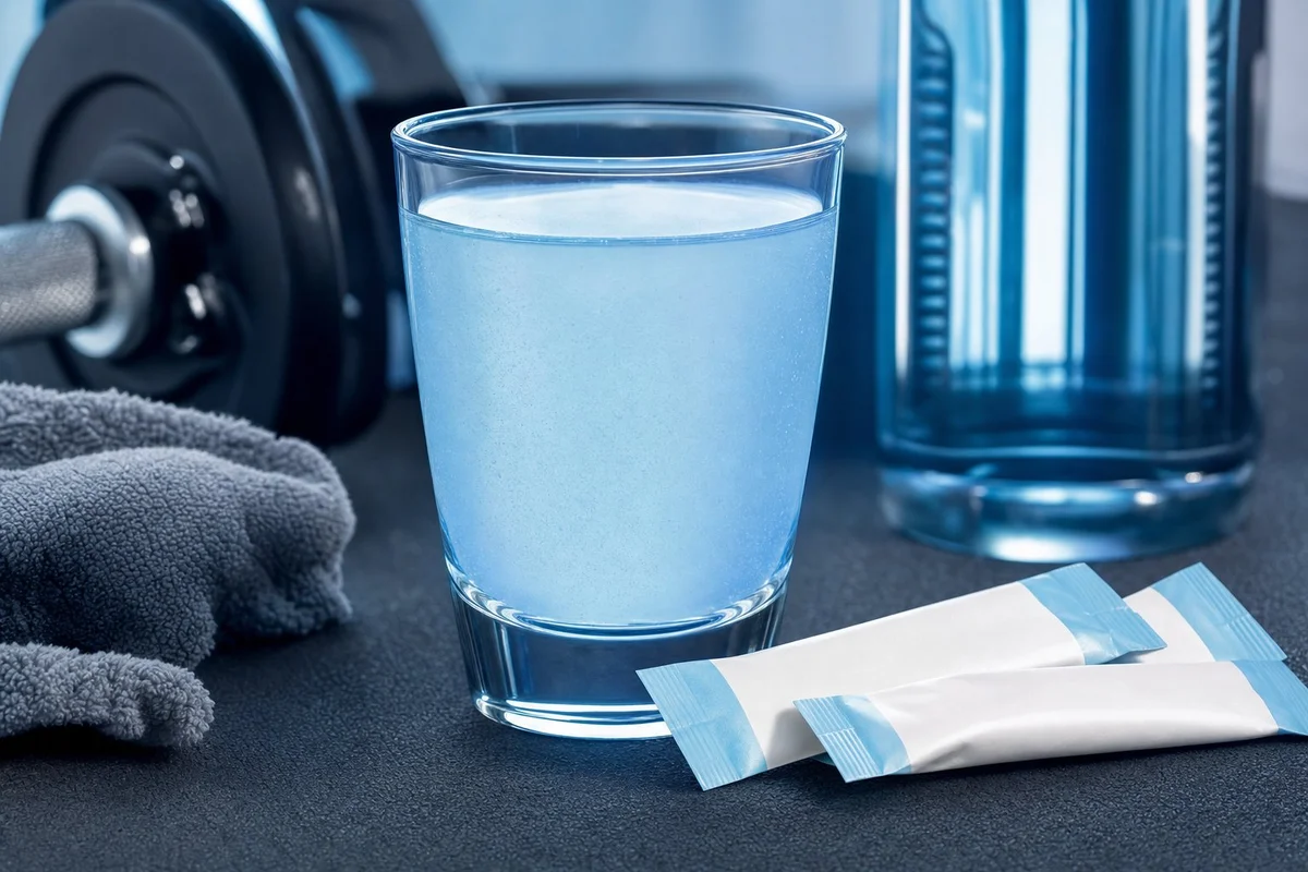 Electrolyte supplement packets and a glass of water on a gym surface