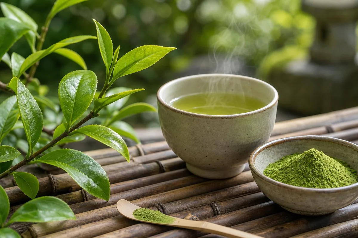 Green tea leaves, matcha, brewed tea, and extract capsules compared