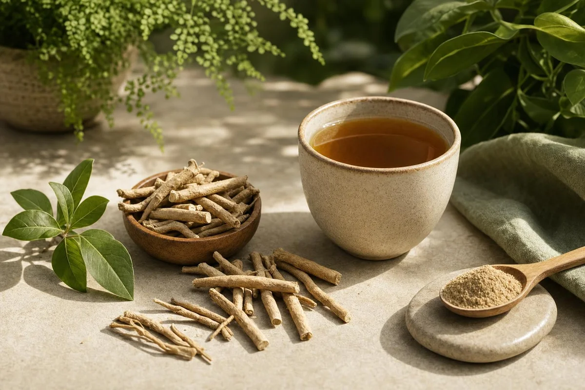Ashwagandha root and herbal tea beside notes about stress and cortisol evidence