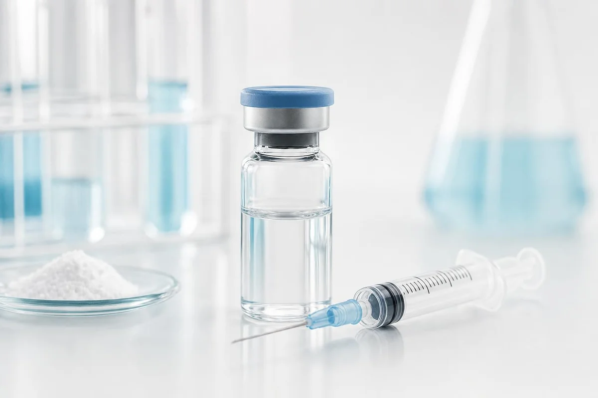 A research peptide vial with a sterile syringe on a clinical surface