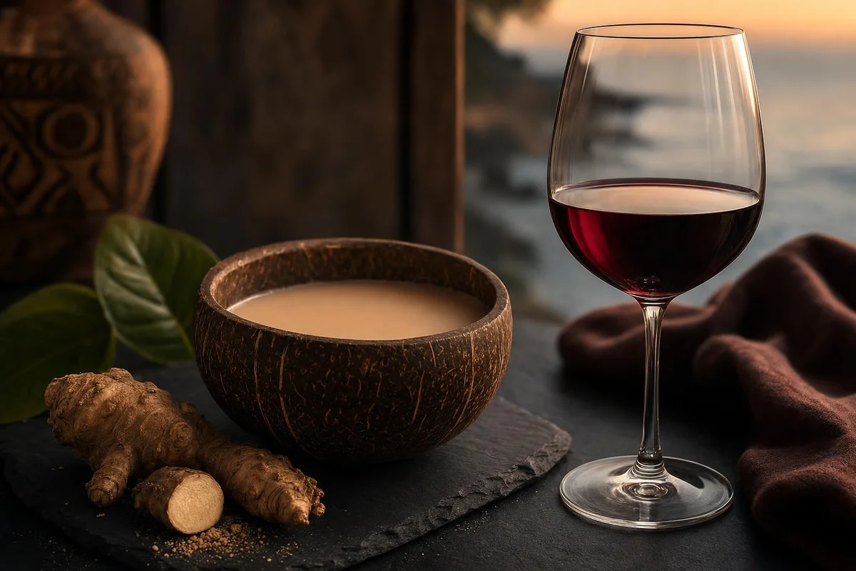 A cup of kava and kava root beside a glass of wine, compared for relaxation