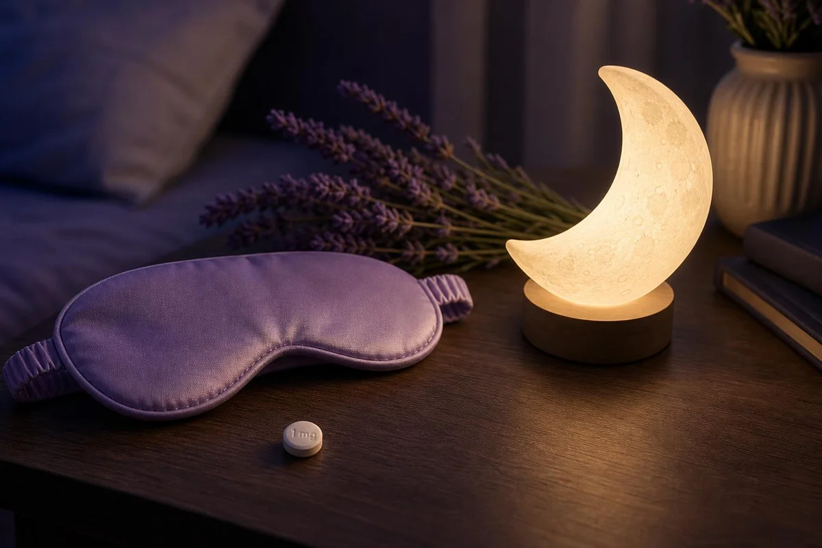 Melatonin supplement beside a sleep mask and clock for a circadian timing evidence review