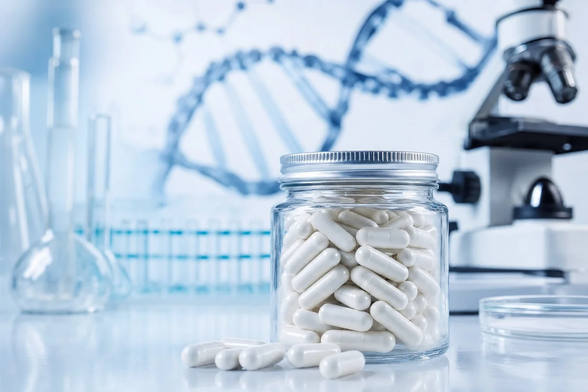 Longevity supplement capsules in a glass jar on a laboratory surface