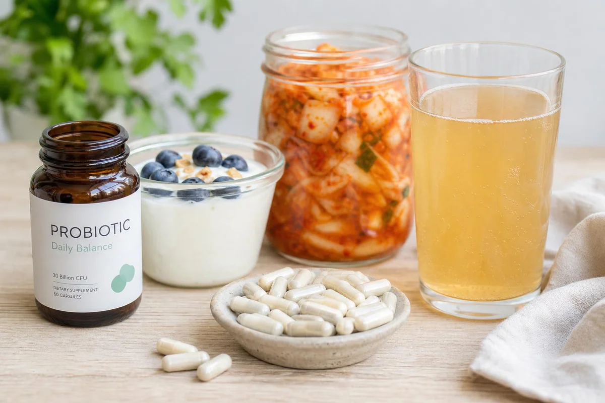 Probiotic capsules beside yogurt, kimchi, and kombucha