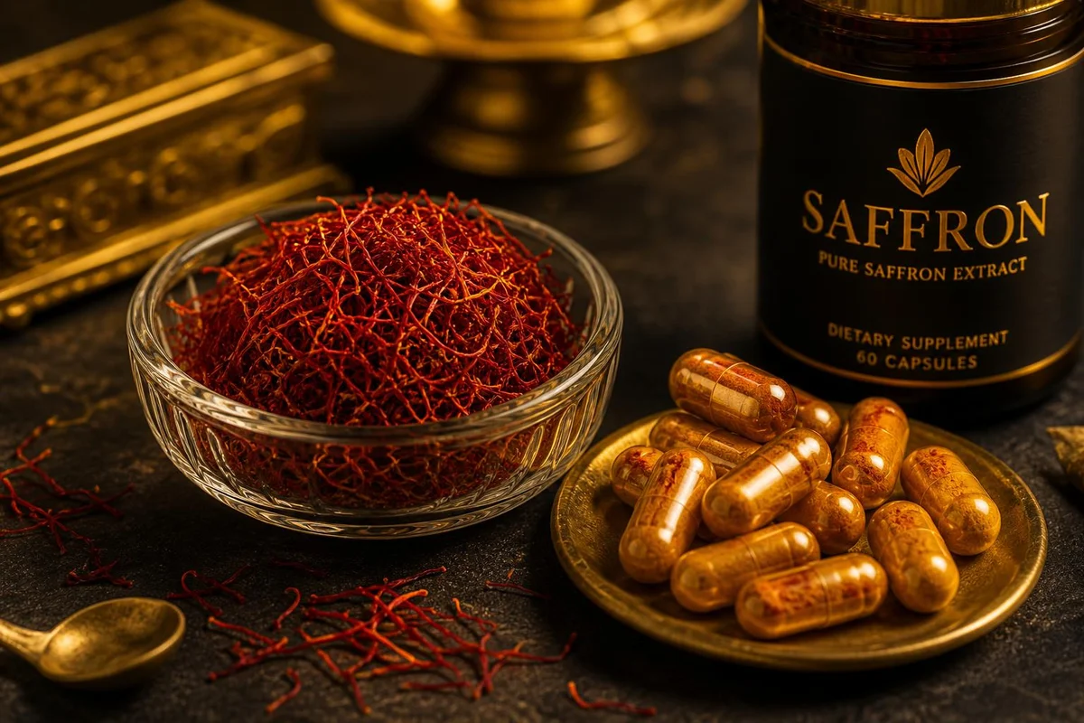 Saffron threads beside a clinical evidence review