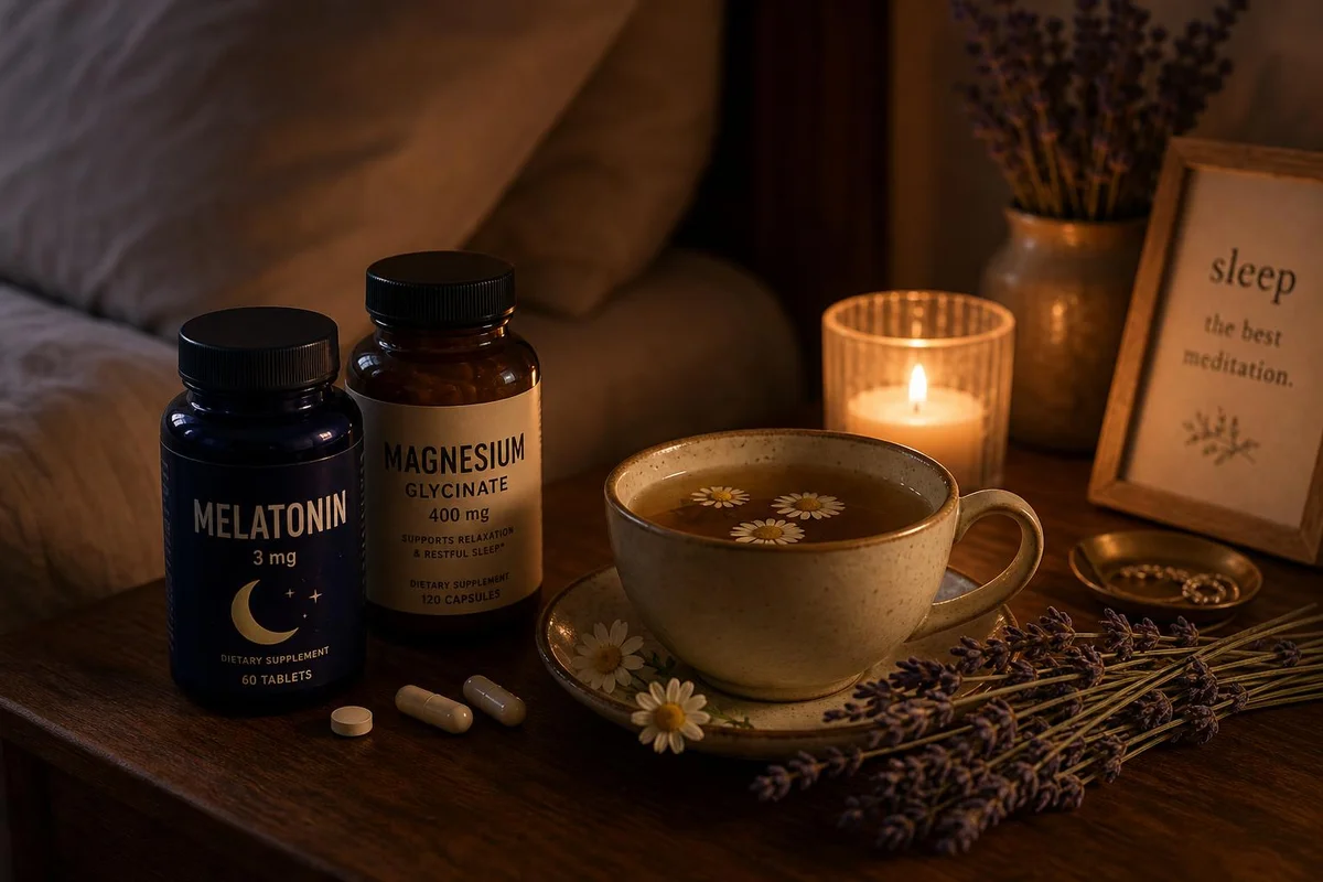Sleep supplements beside chamomile tea and lavender