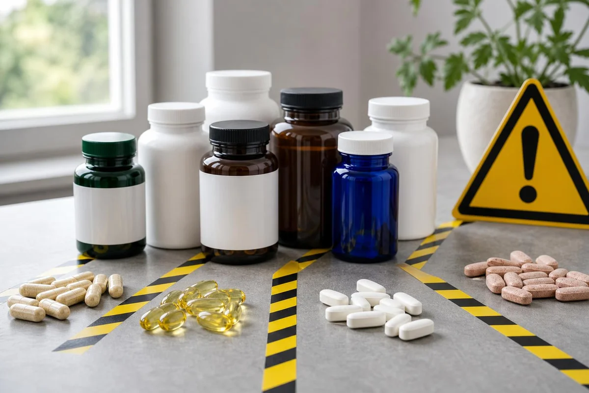 Supplement bottles with caution concept